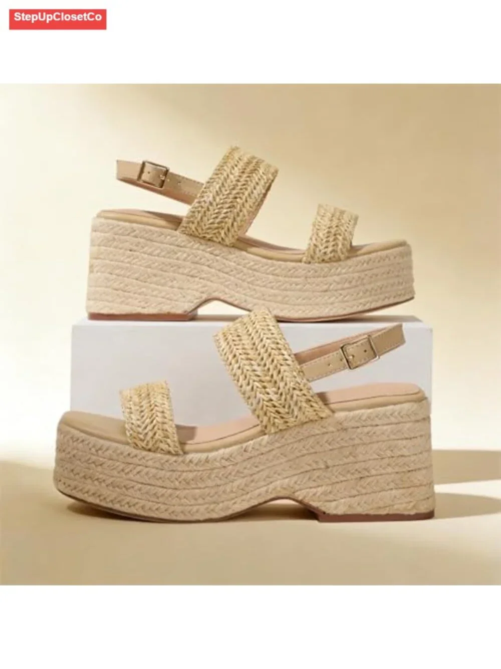 Women's Open Toe Ankle Strap Wedge Espadrille Sandals Straw Raffia Woven